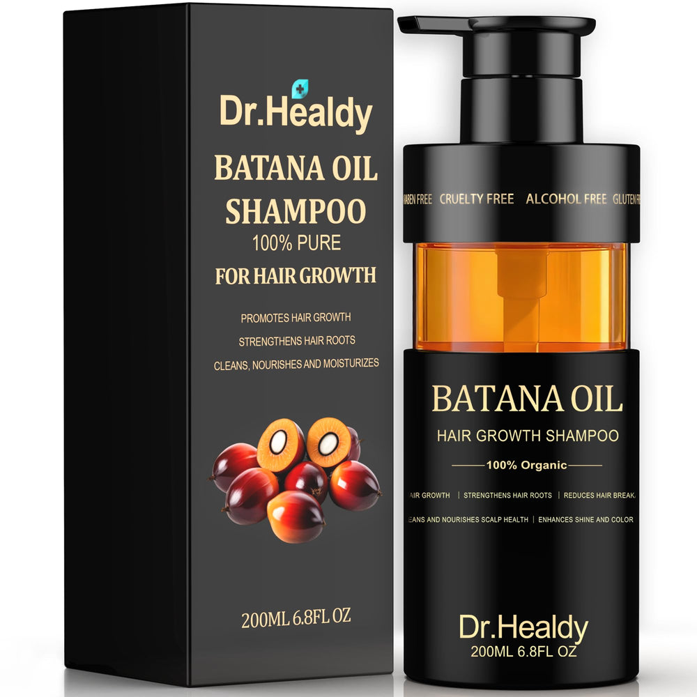 Dr. Healdy Batana Oil Shampoo bottle showing nourishing formula for thicker, healthier-looking hair