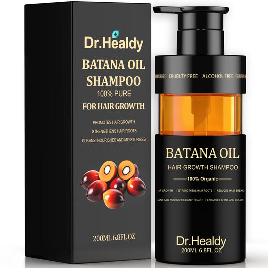 Dr. Healdy Batana Oil Shampoo bottle showing nourishing formula for thicker, healthier-looking hair