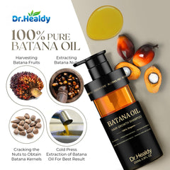 Dr. Healdy Batana Oil Shampoo label closeup shows gentle, sulfate-free cleansing for scalp balance