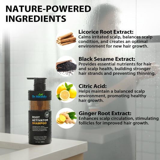 Dr Healdy Root Activator Shampoo herbal blend close-up for scalp care