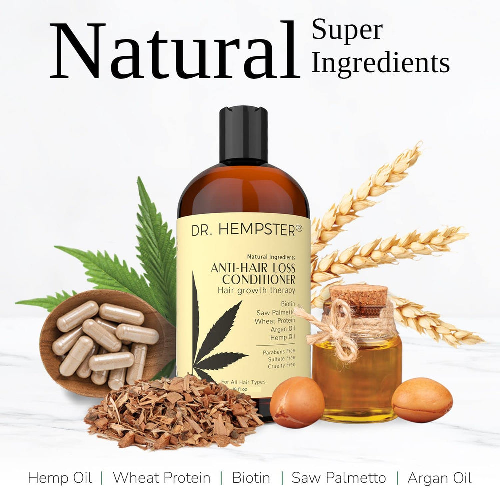 DR. HEMPSTER conditioner ingredients hemp oil and biotin highlighted for nourishing benefits