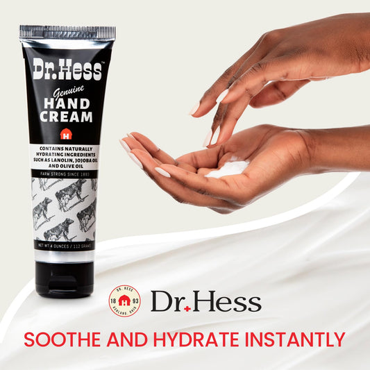 Dr. Hess Hand Cream packaging info highlighting cruelty-free and paraben-free formulation for gentle daily use