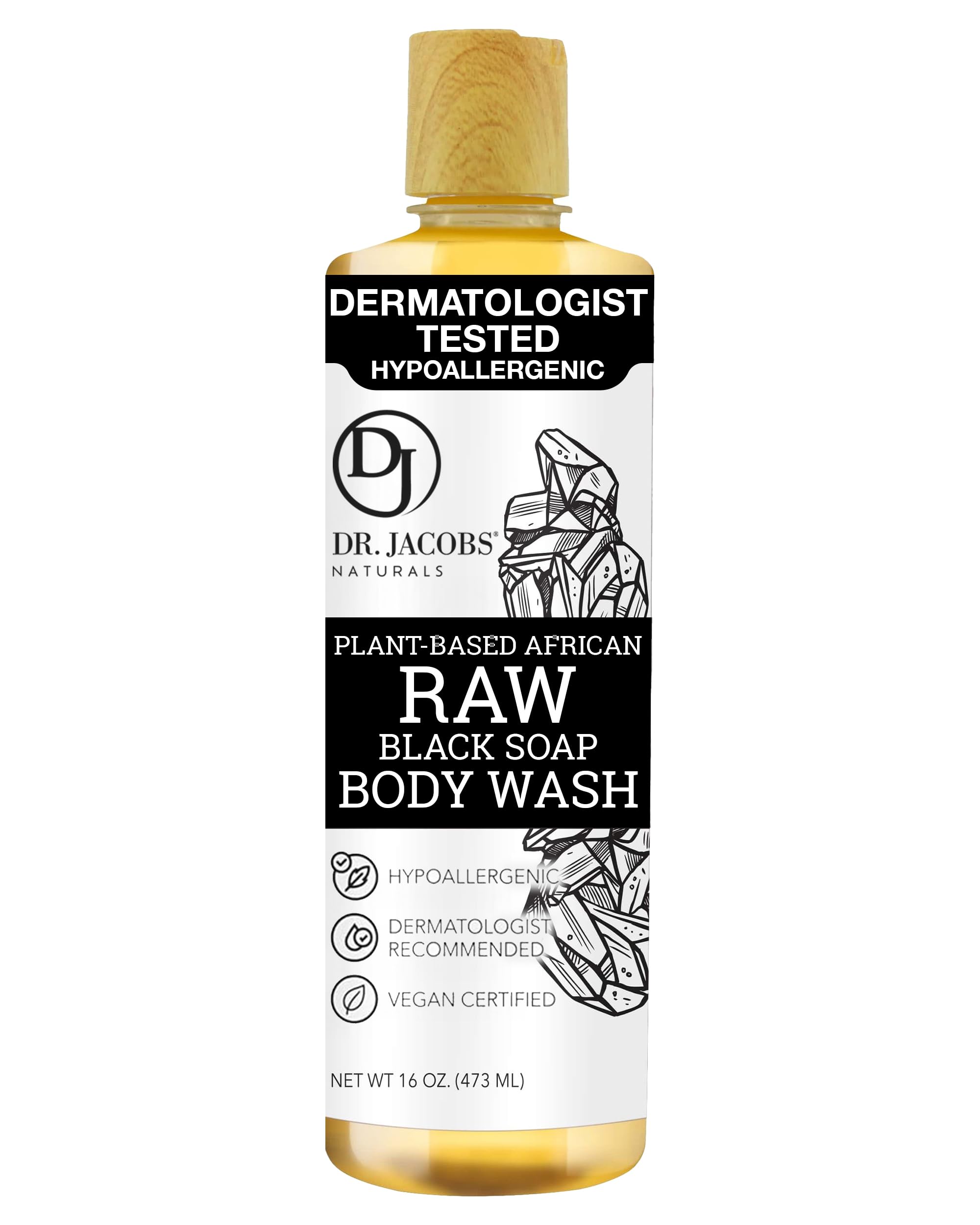 DR. JACOBS NATURALS African Black Soap bottle shows gentle cleansing and hydration.