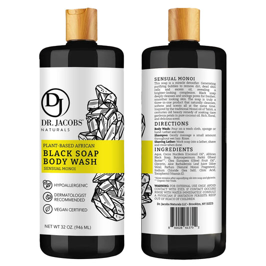 Dr Jacobs Naturals African Black Soap Monoi bottle close-up highlighting rich gel texture.
