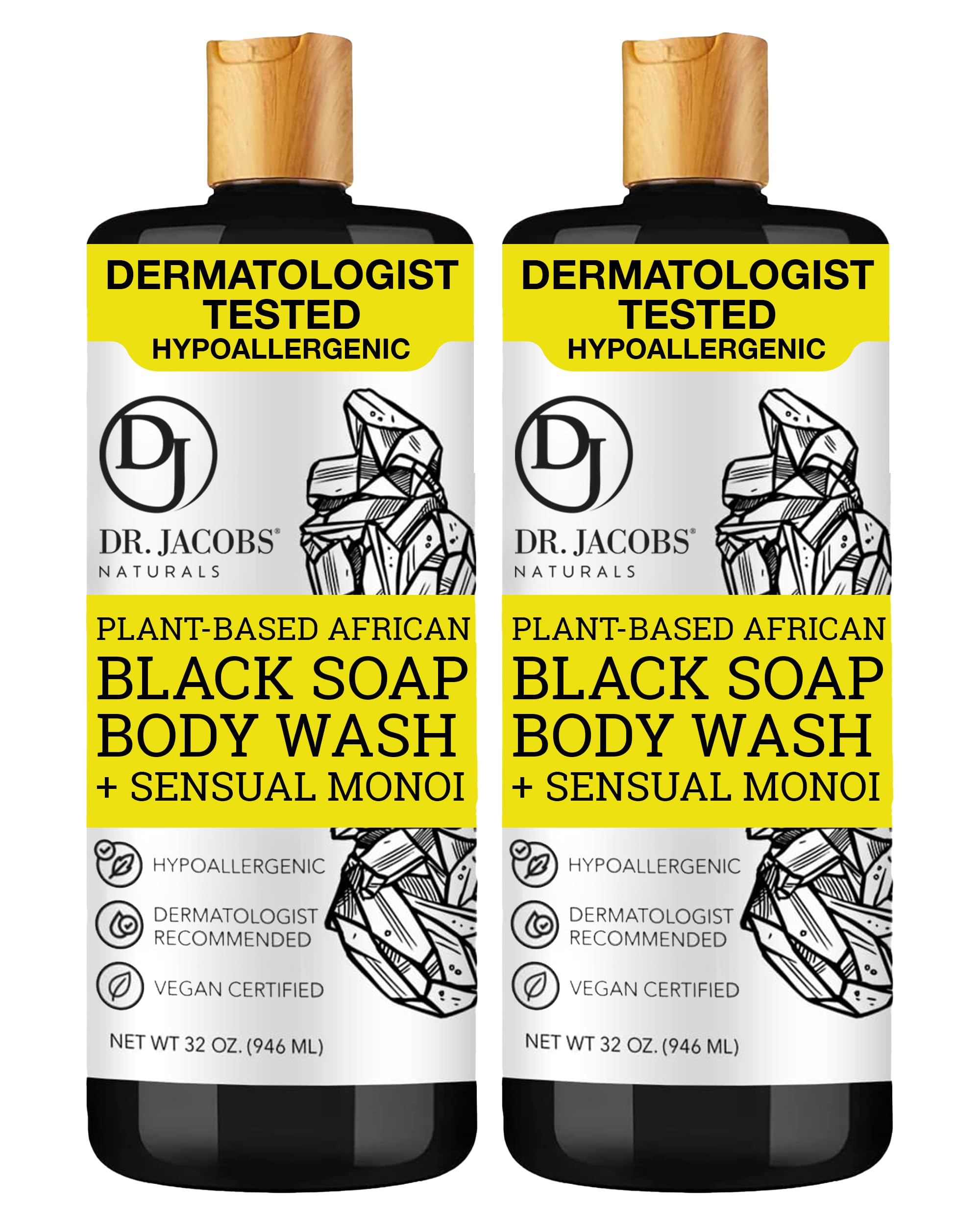 Dr Jacobs Naturals African Black Soap Monoi bottle pouring for deep cleansing and moisturizing.
