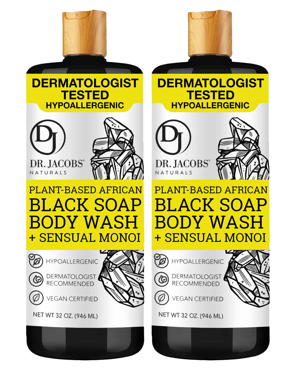 Dr Jacobs Naturals African Black Soap Monoi bottle pouring for deep cleansing and moisturizing.
