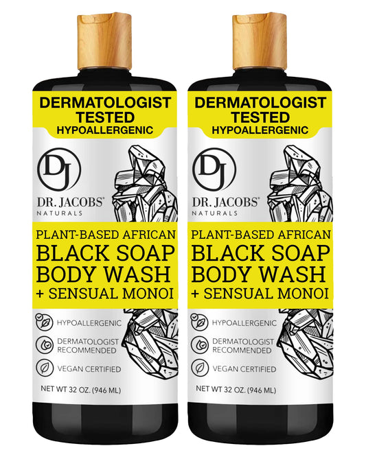 Dr Jacobs Naturals African Black Soap Monoi bottle pouring for deep cleansing and moisturizing.