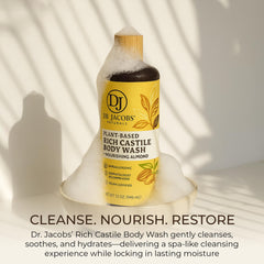 Shower scene featuring DR.JACOBS NATURALS almond castile soap on skin.