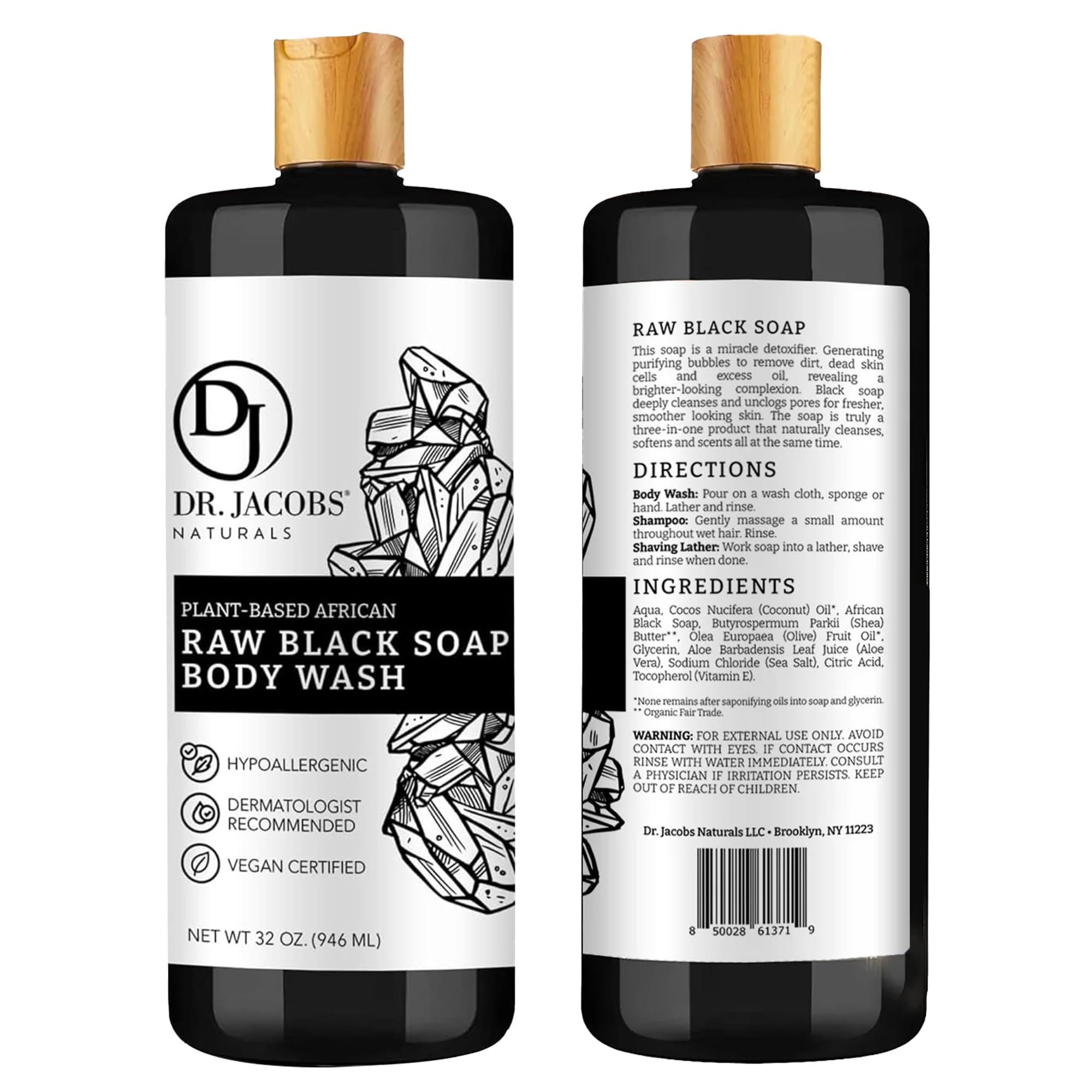 DR.JACOBS NATURALS authentic african raw black soap 2pk back label shows ingredients and sourcing