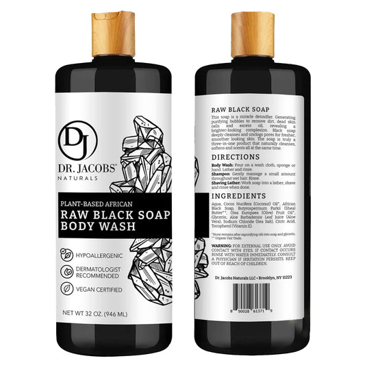 DR.JACOBS NATURALS authentic african raw black soap 2pk back label shows ingredients and sourcing