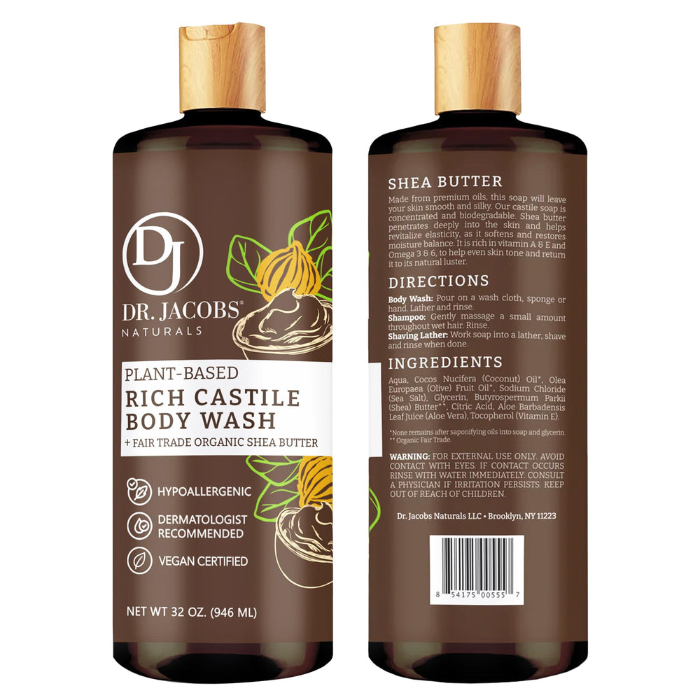 DR. JACOBS NATURALS bottle with lather closeup shows creamy foam for moisturizing wash.