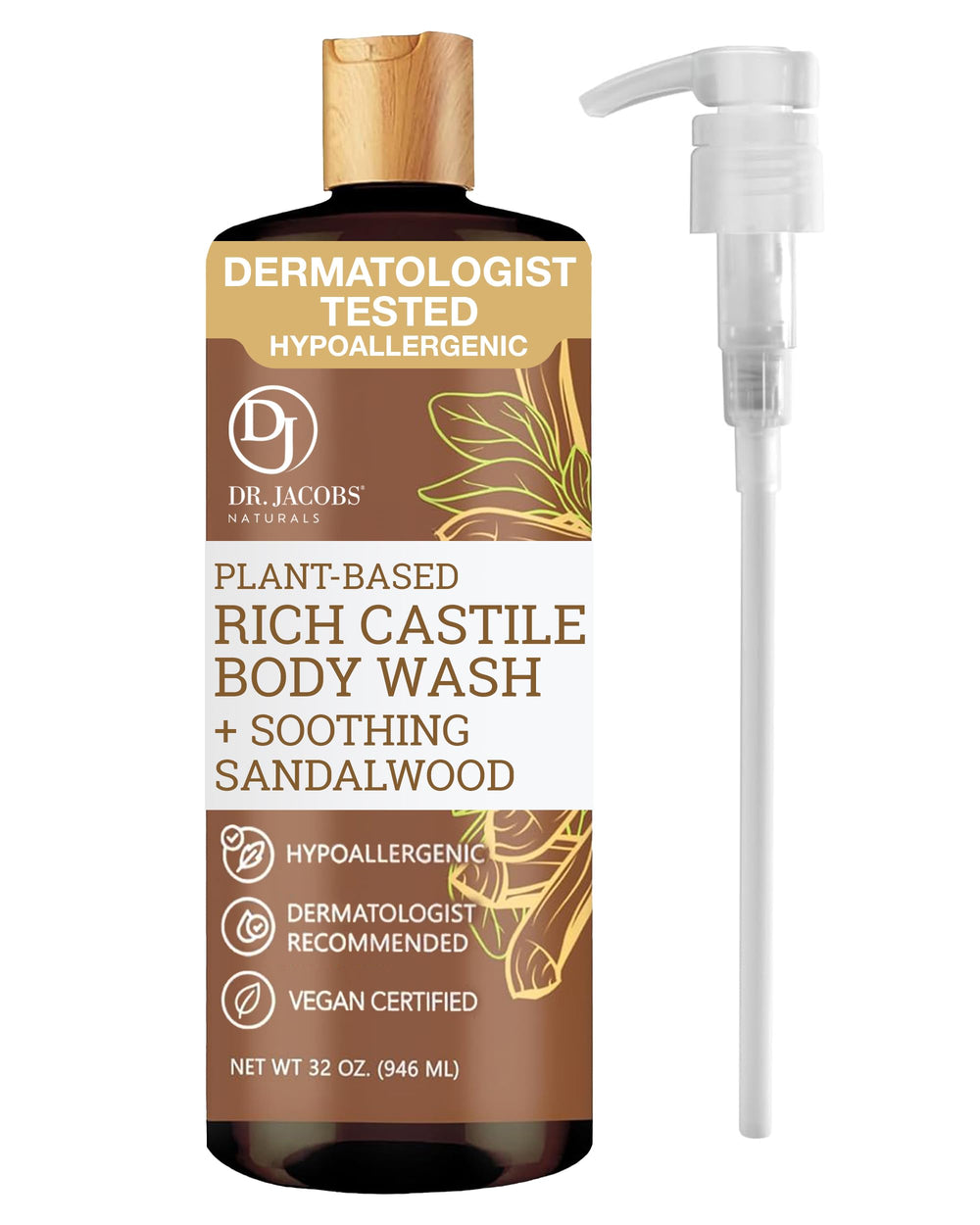 DR.JACOBS NATURALS Castile Sandalwood body wash pump bottle for gentle cleansing.