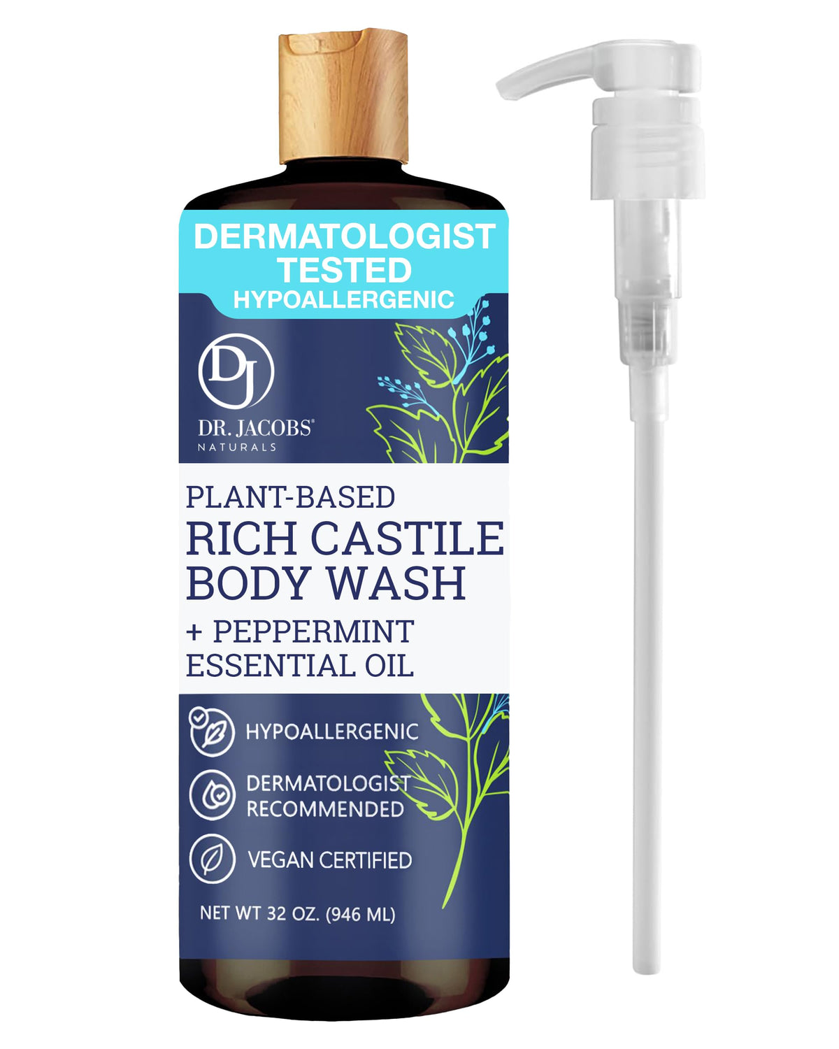 Dr. Jacobs Naturals peppermint body wash bottle with pump for moisturizing and gentle cleansing.