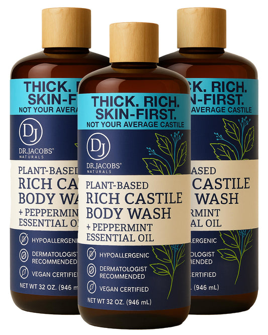 Brand image: Dr. Jacobs Naturals Peppermint Castile Soap bottle highlighting plant-based formula and minty freshness