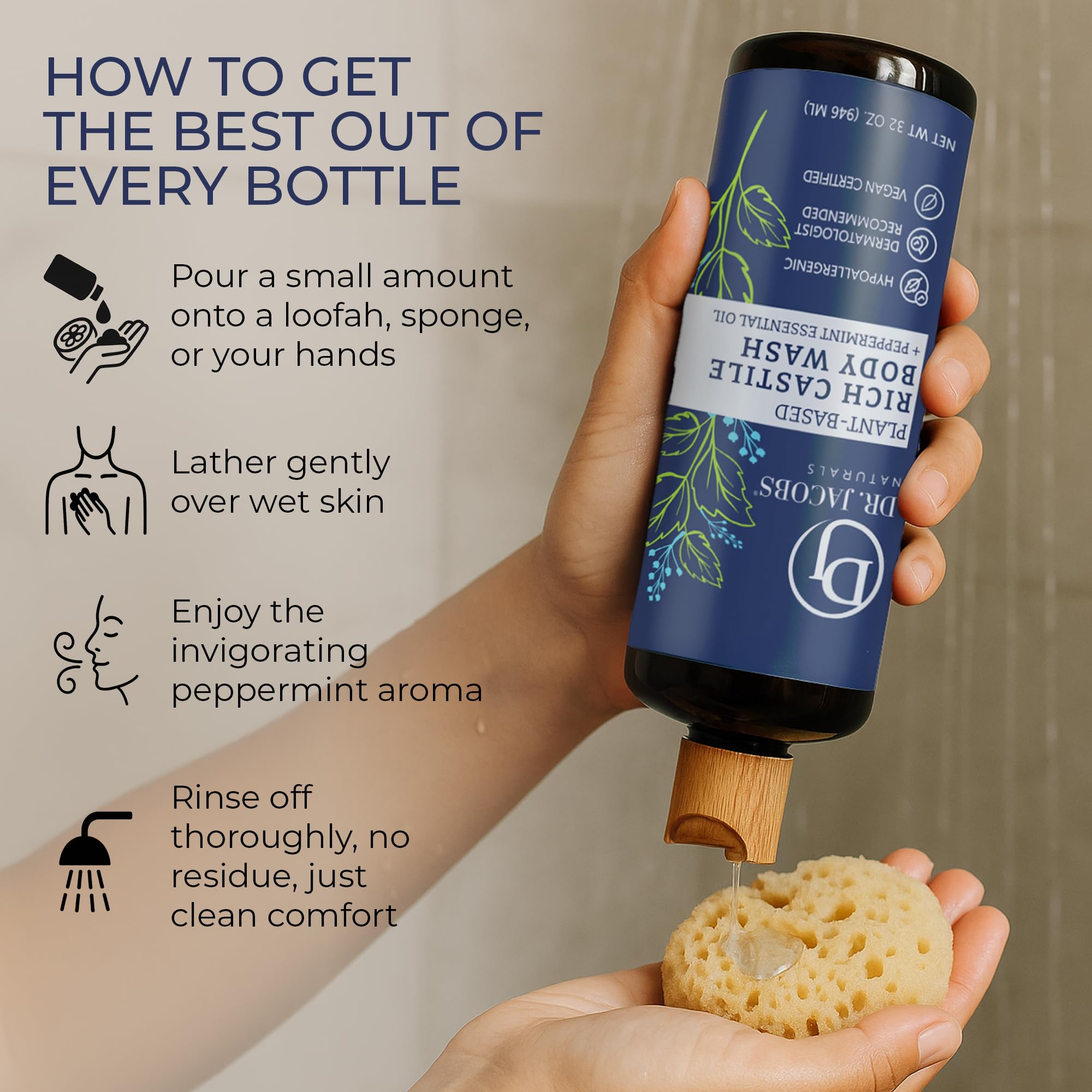 Bubbles forming on skin as peppermint castile soap cleanses naturally