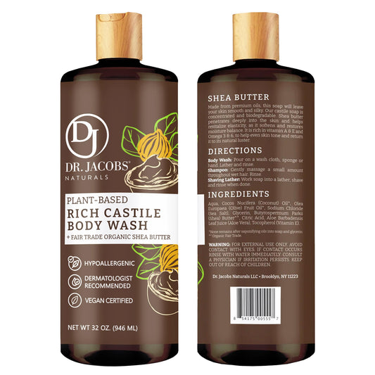 Dr. Jacobs Naturals plant-based body wash with aloe vera and vitamin E for hydration.