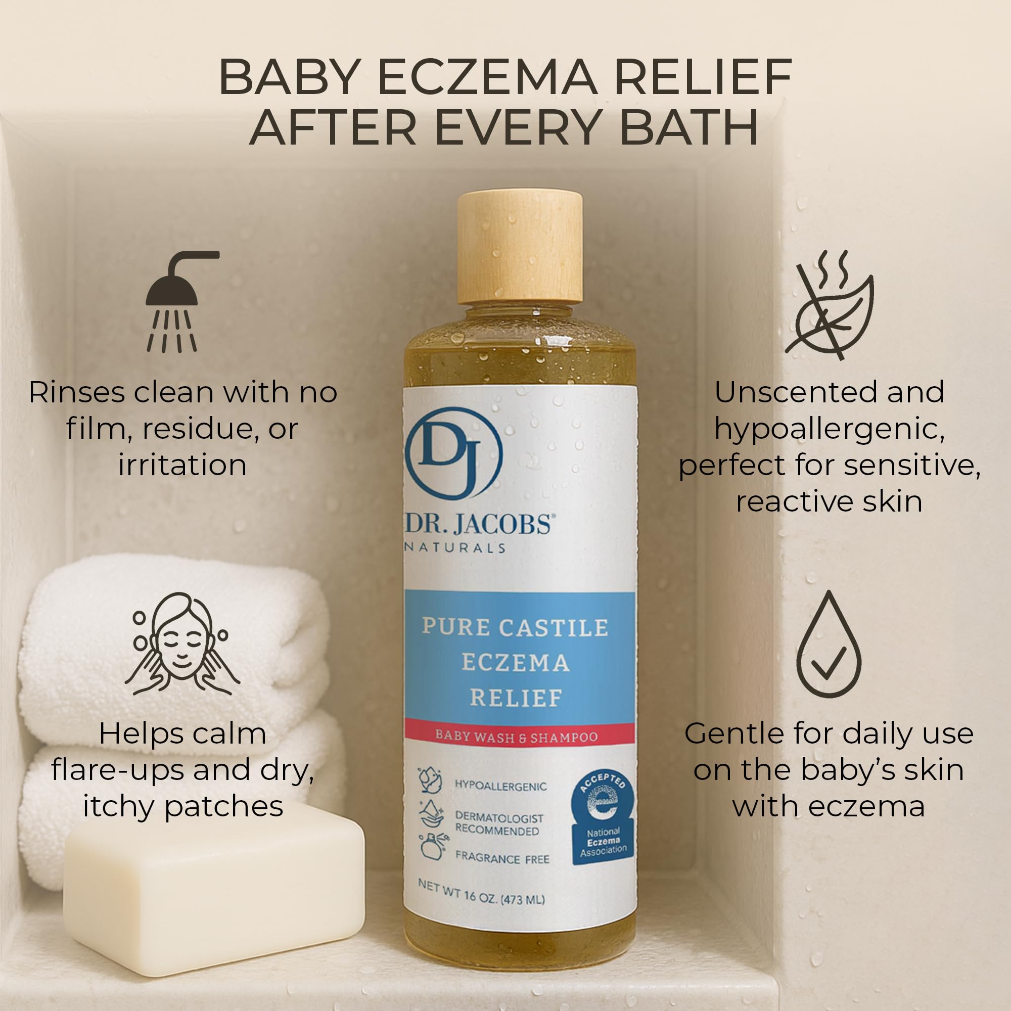 Newborn-friendly bath scene with a gentle 3-in-1 wash and shampoo
