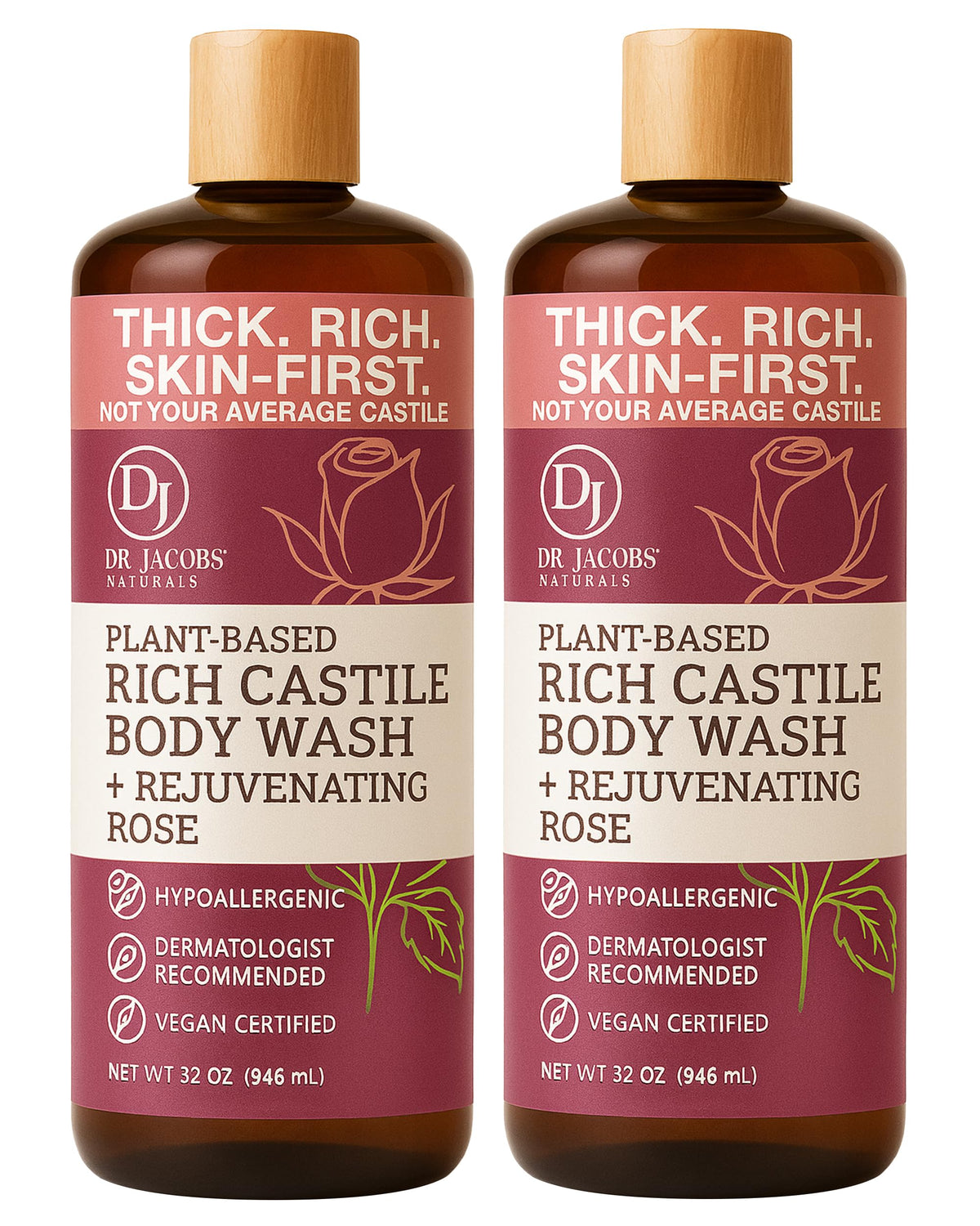 Dr. Jacobs Naturals Rose Castile Soap bottle front view, hydrating formula.