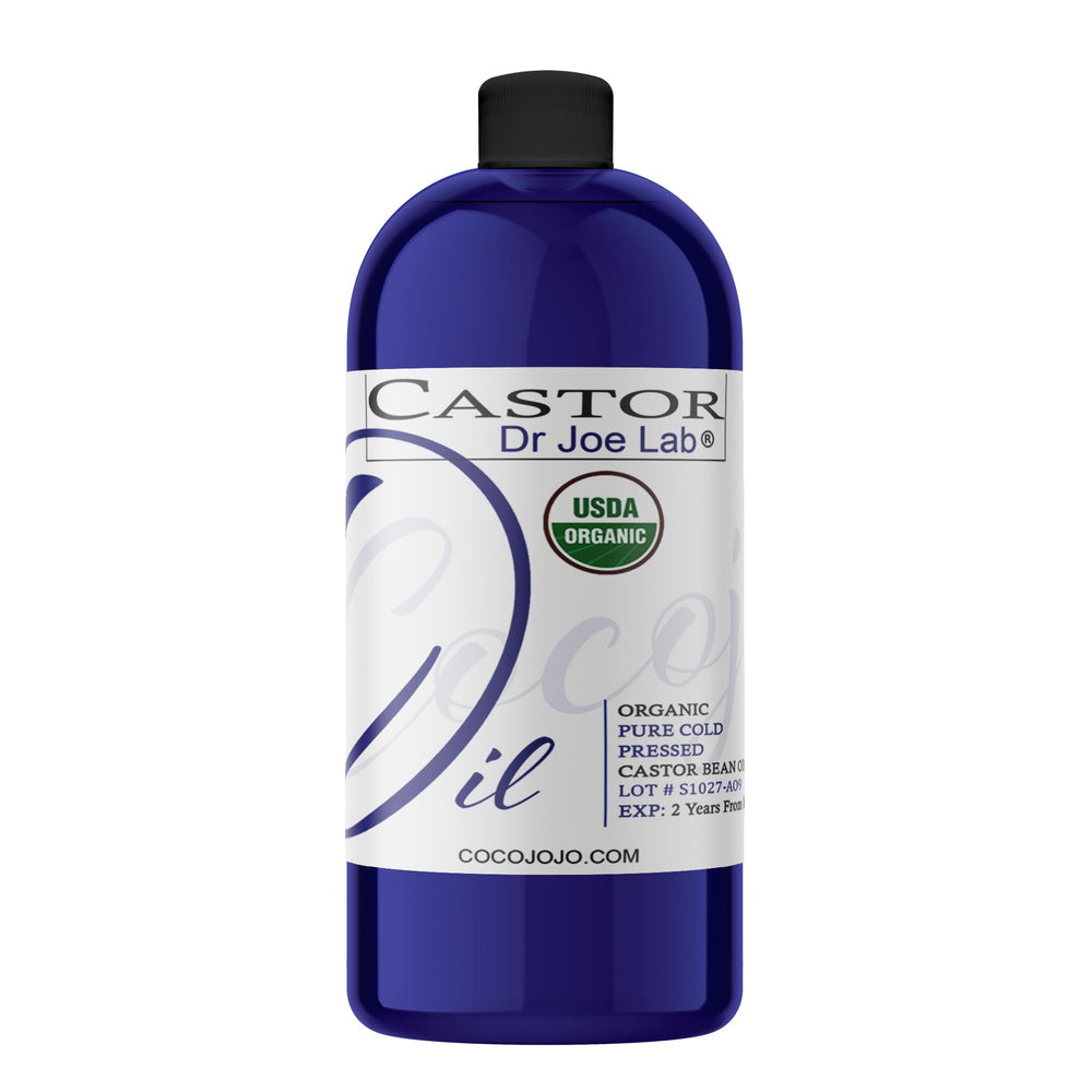 Dr Joe Lab Castor Oil bottle closeup, highlighting organic oil for moisturizing skin and hair.