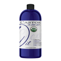 Dr Joe Lab Castor Oil bottle closeup, highlighting organic oil for moisturizing skin and hair.