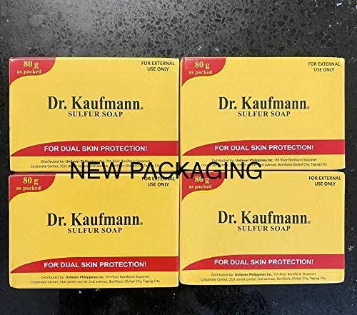 Shelf display of Dr. Kauffman Soap medicated sulfur soap packaging.