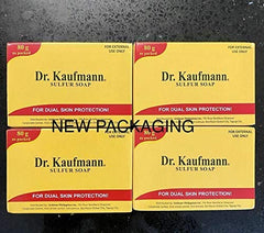 Shelf display of Dr. Kauffman Soap medicated sulfur soap packaging.