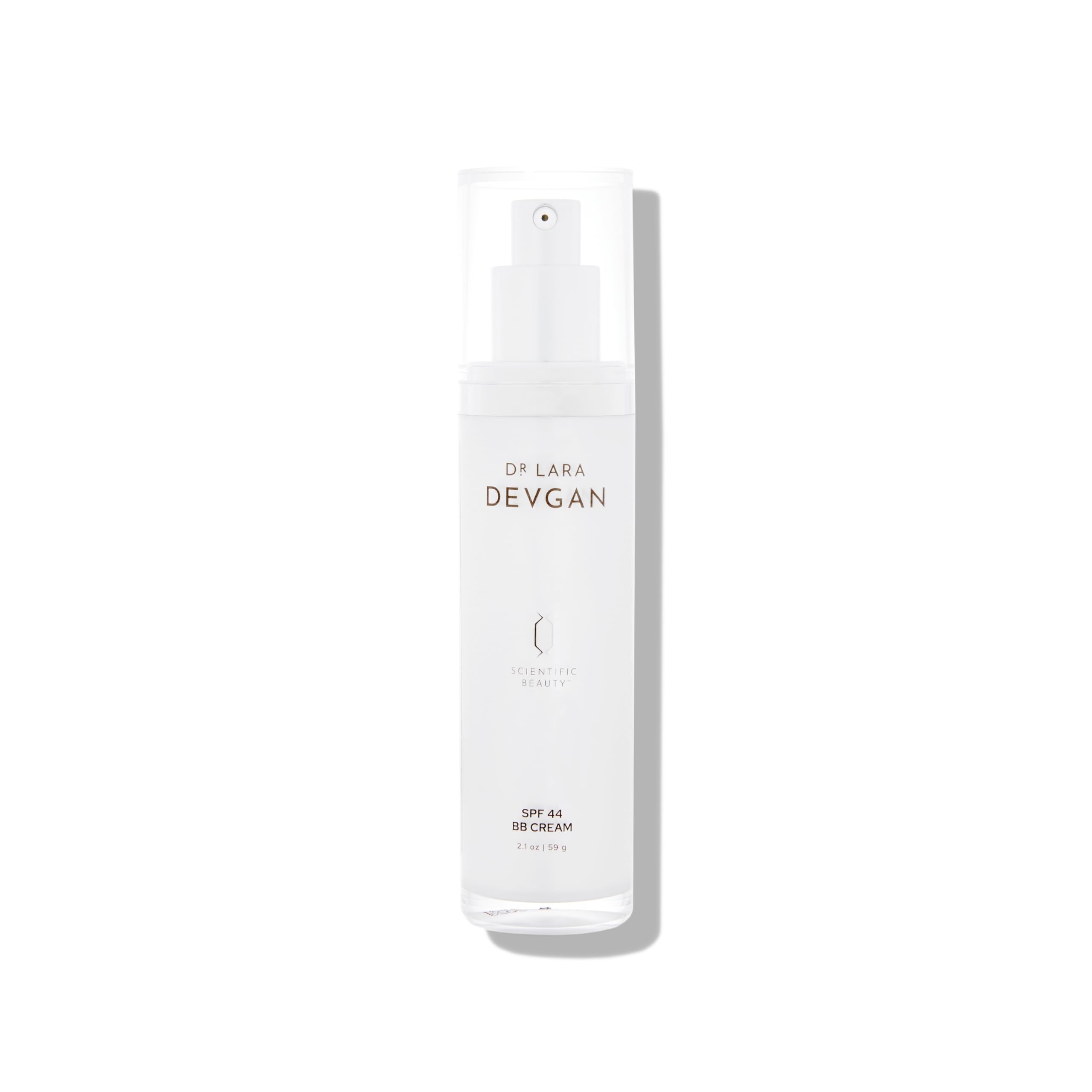 Dr. Lara Devgan Scientific Beauty SPF 44 BB Cream bottle demonstrates sun protection and hydration.