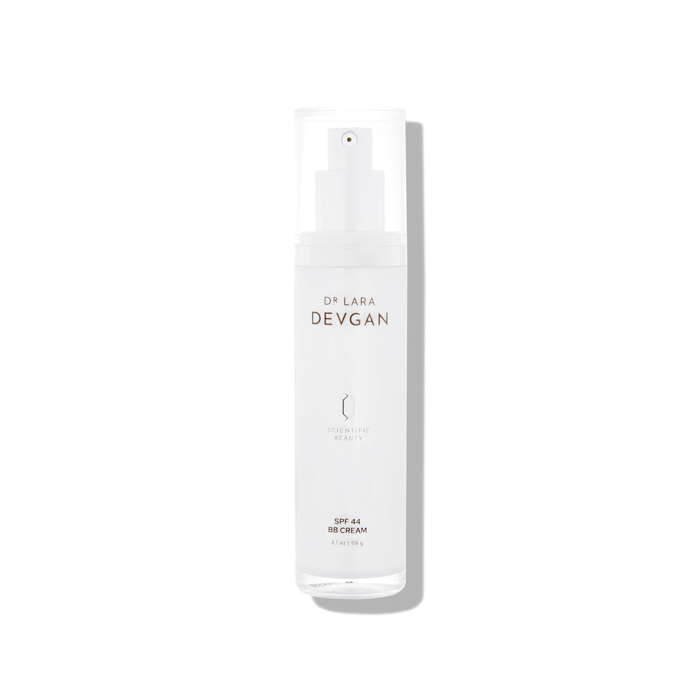 Dr. Lara Devgan Scientific Beauty SPF 44 BB Cream bottle demonstrates sun protection and hydration.