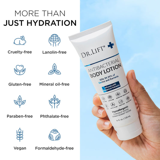 DR. LIFT antibacterial body lotion back view highlights label and per-pack details