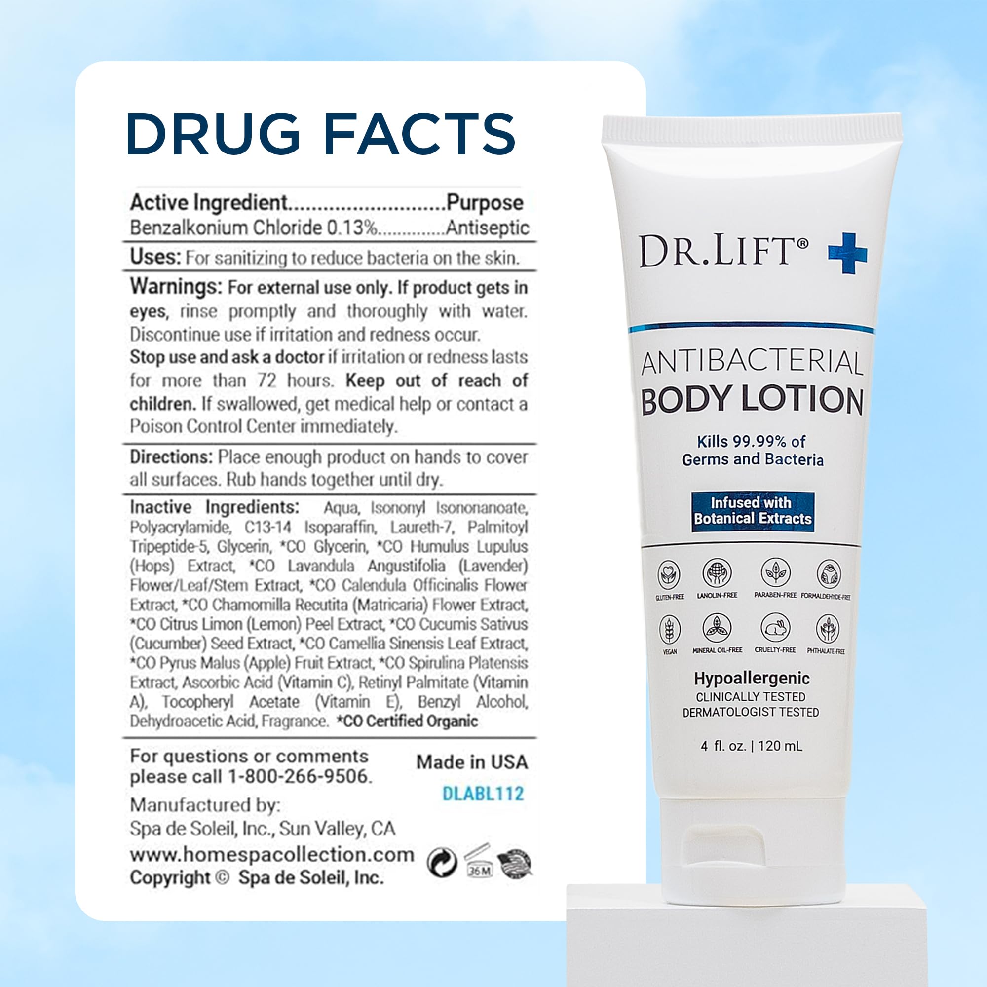 DR. LIFT antibacterial body lotion pack side view emphasizes compact storage