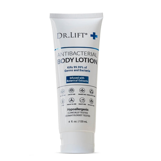 DR. LIFT antibacterial body lotion packaging close-up showing lightweight formula
