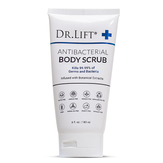 DR. LIFT antibacterial body scrub bottle shows refreshing, balanced skin after shower