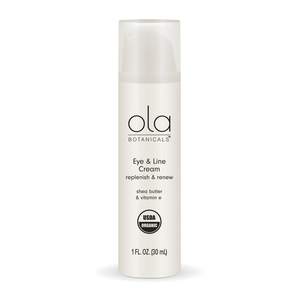 Dr. Mercola Ola Botanicals Eye & Line Cream jar shows rich hydration for delicate eye skin.