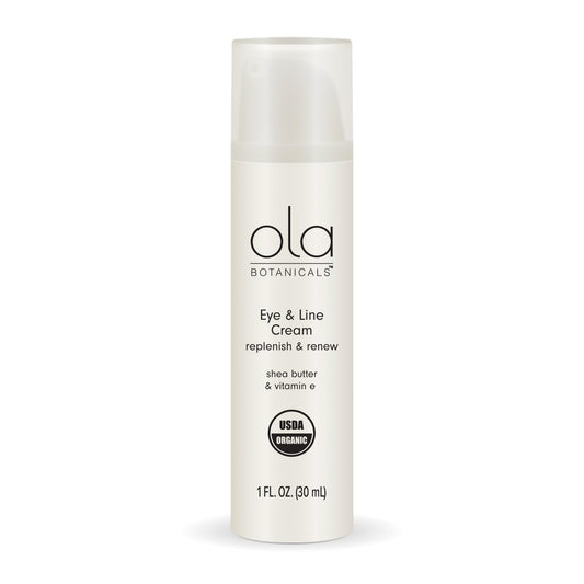 Dr. Mercola Ola Botanicals Eye & Line Cream jar shows rich hydration for delicate eye skin.