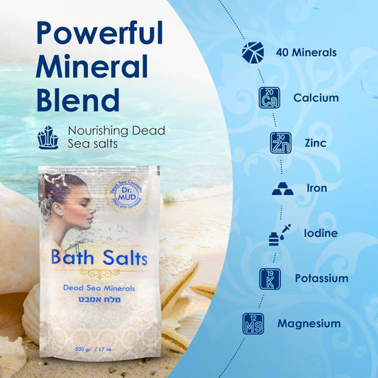 DR.MUD Dead Sea Salt grains close-up highlighting natural minerals for skin vitality.
