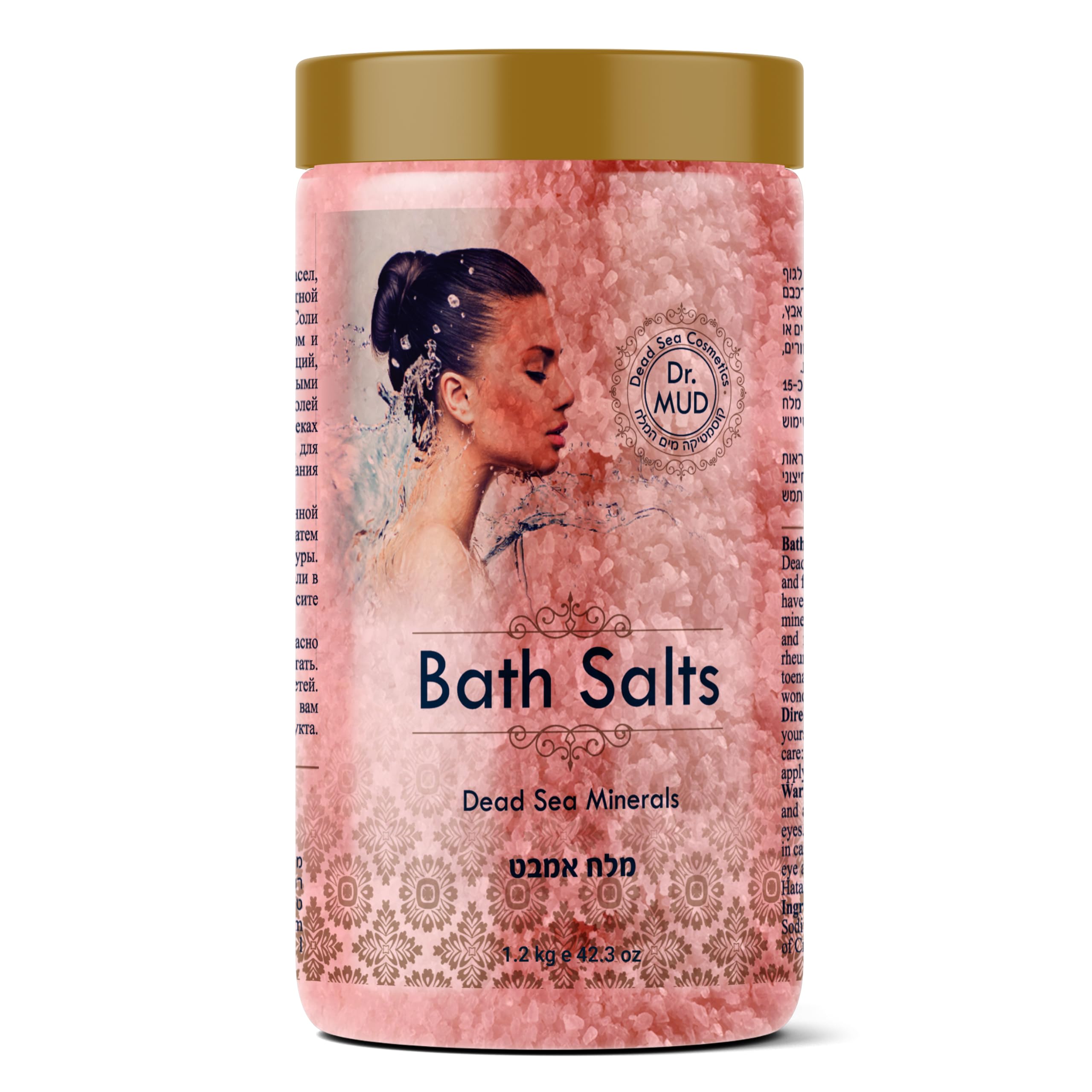 DR.MUD Dead Sea Salt Rose bottle elevates bath relaxation with mineral-rich formula.