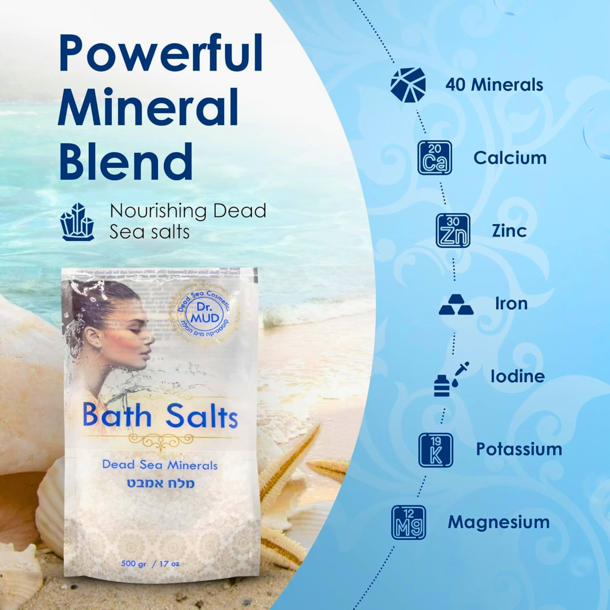 Close-up of DR.MUD Dead Sea Salt Rose crystals showing mineral power for skin nourishment.