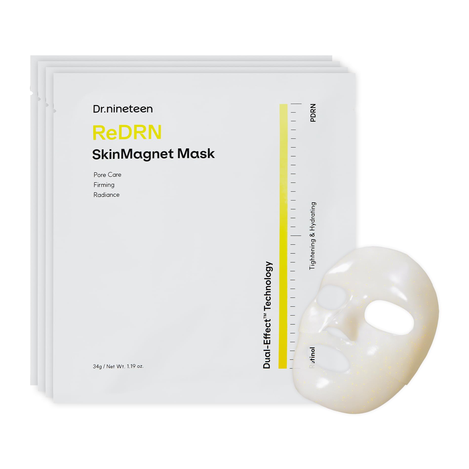 Dr.nineteen ReDRN Skin Magnet Hydrogel Mask packaging shows four targeted formulas for diverse skin needs.