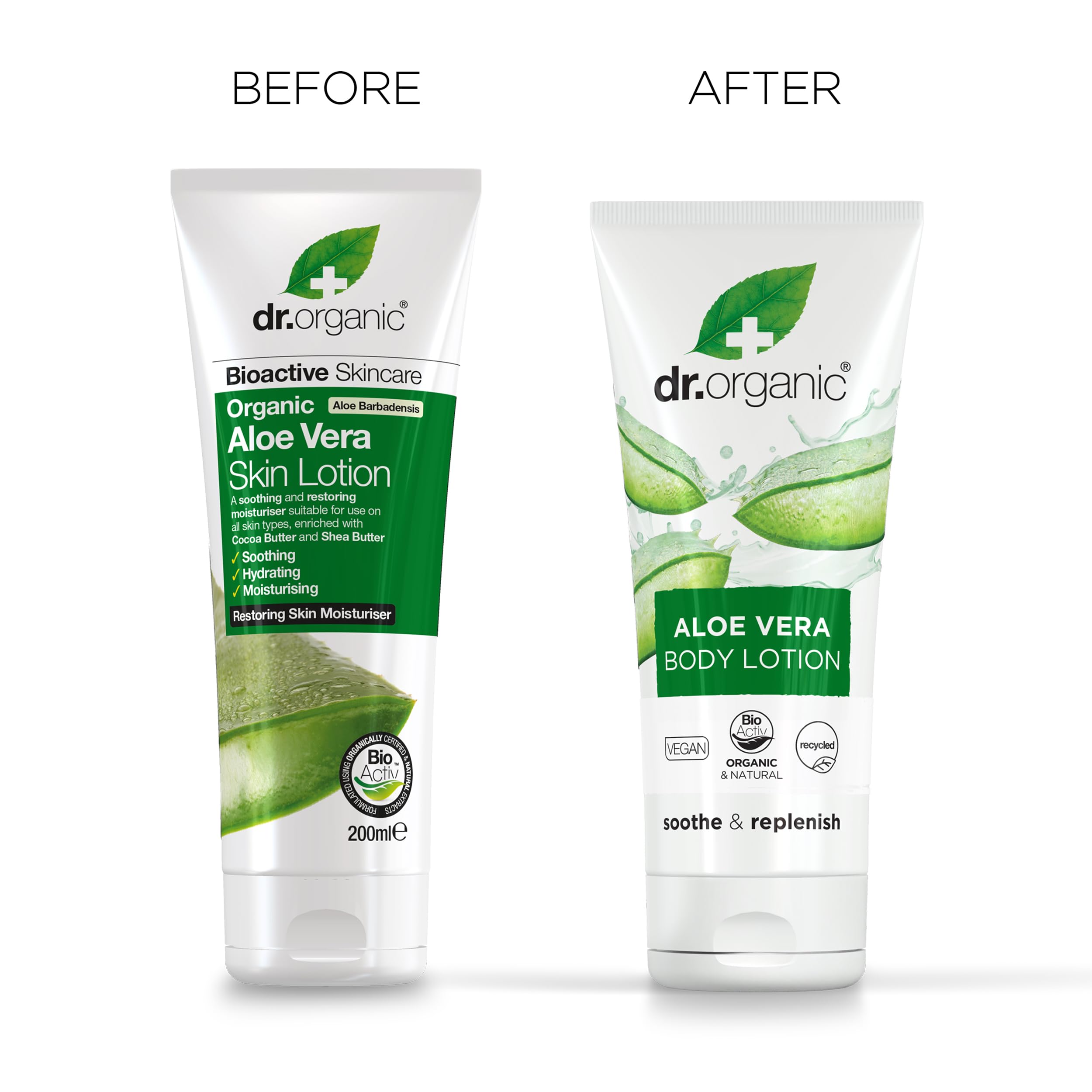 Dr. Organic Aloe Vera Skin Lotion packaging close with eco-friendly design.