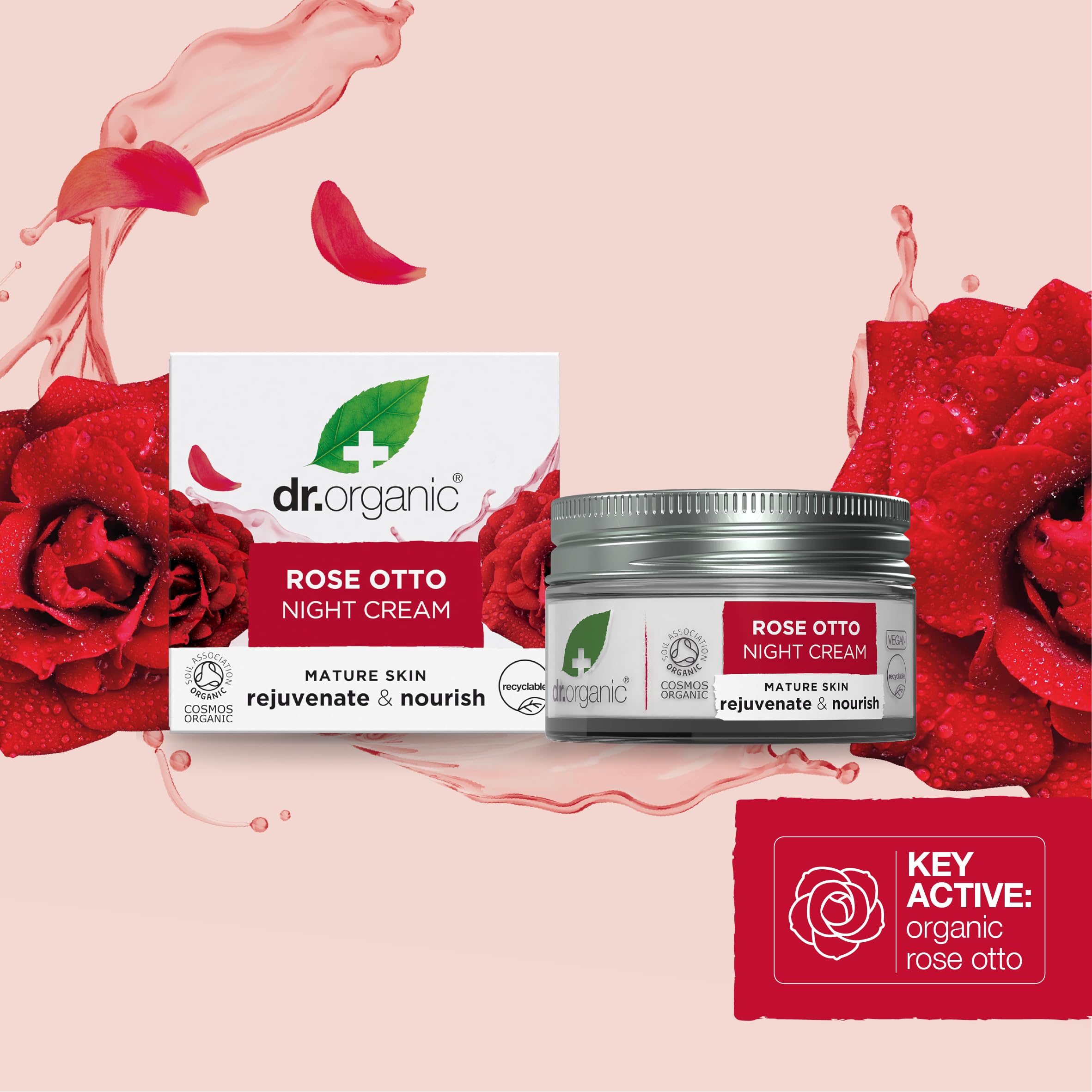 Rose Otto and Menyanthes trifoliata highlighted in Dr. Organic Night Cream ingredients.
