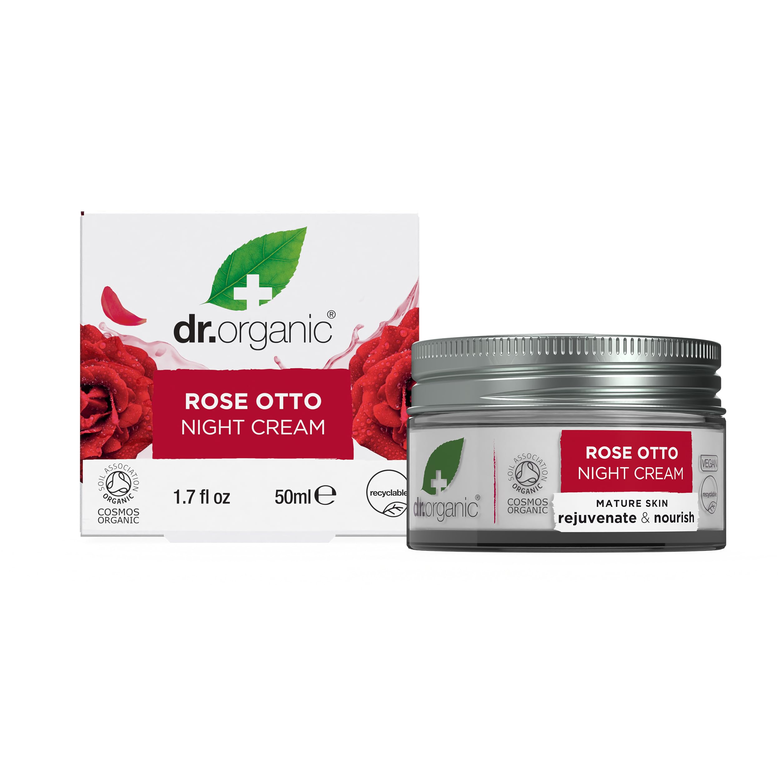 Dr. Organic Rose Otto Night Cream jar showing rich hydration for mature skin.