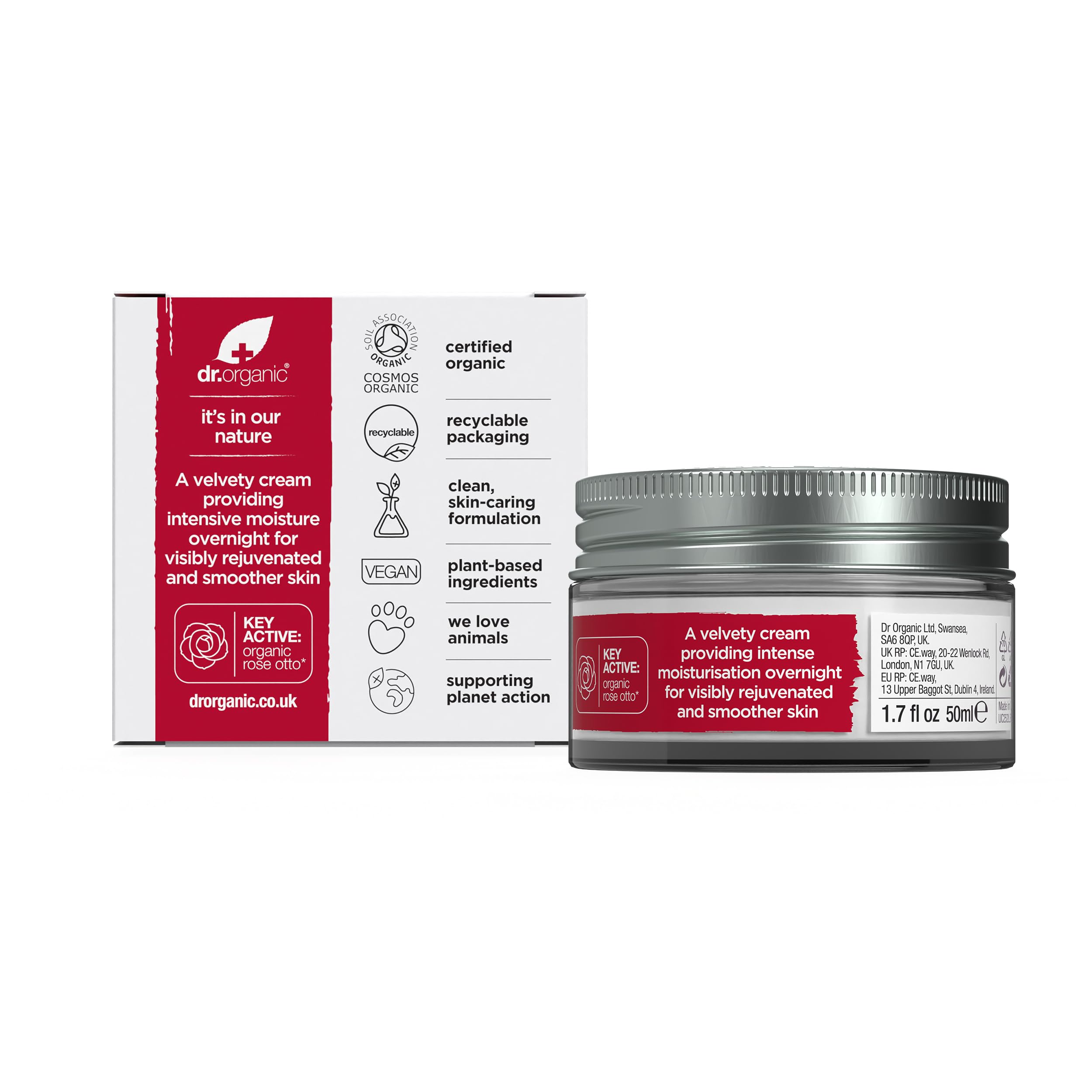 Packaging of Dr. Organic Rose Otto Night Cream highlighting FSC-certified eco materials.