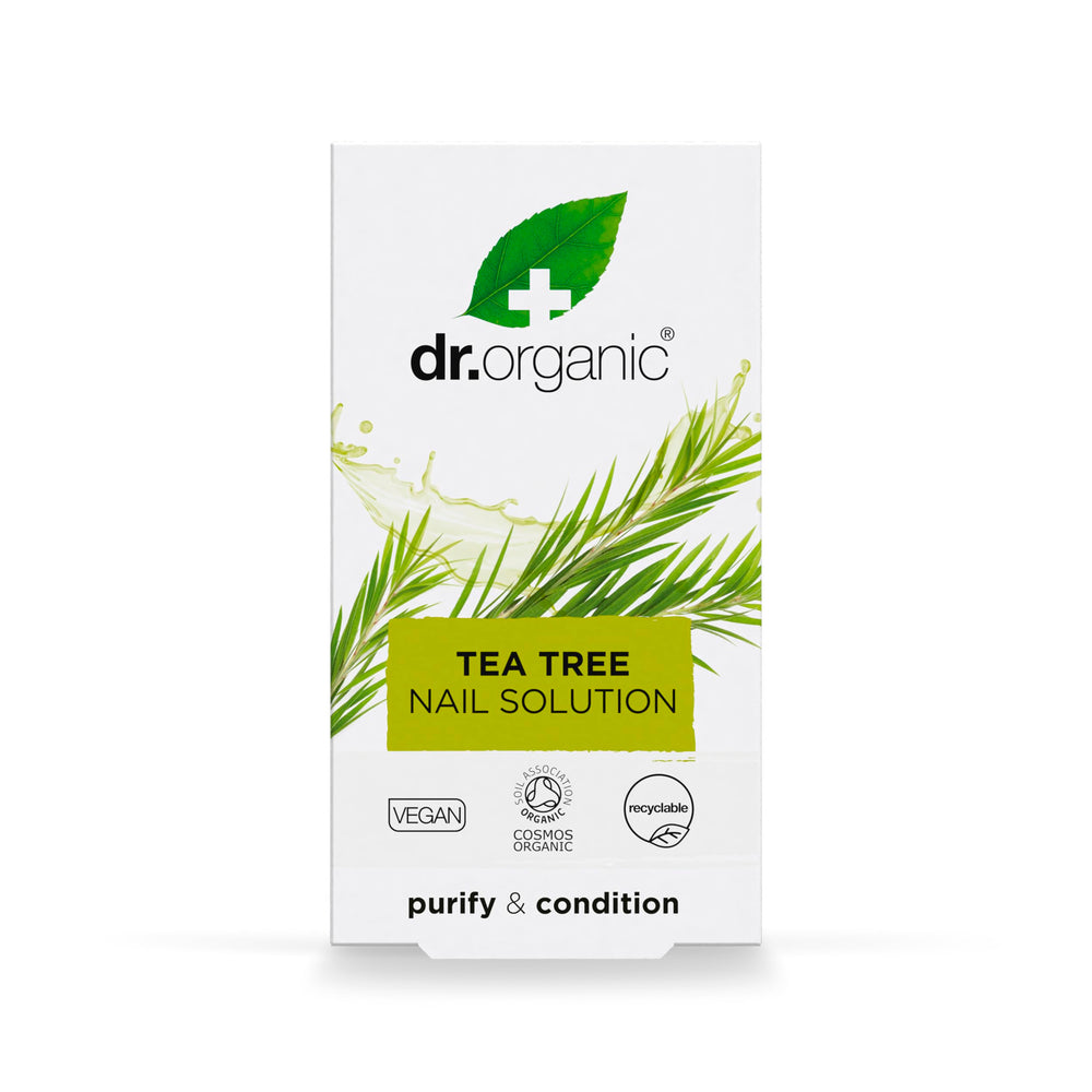Dr. Organic Tea Tree Nail Solution amber-bottle closeup preserves bioactives.