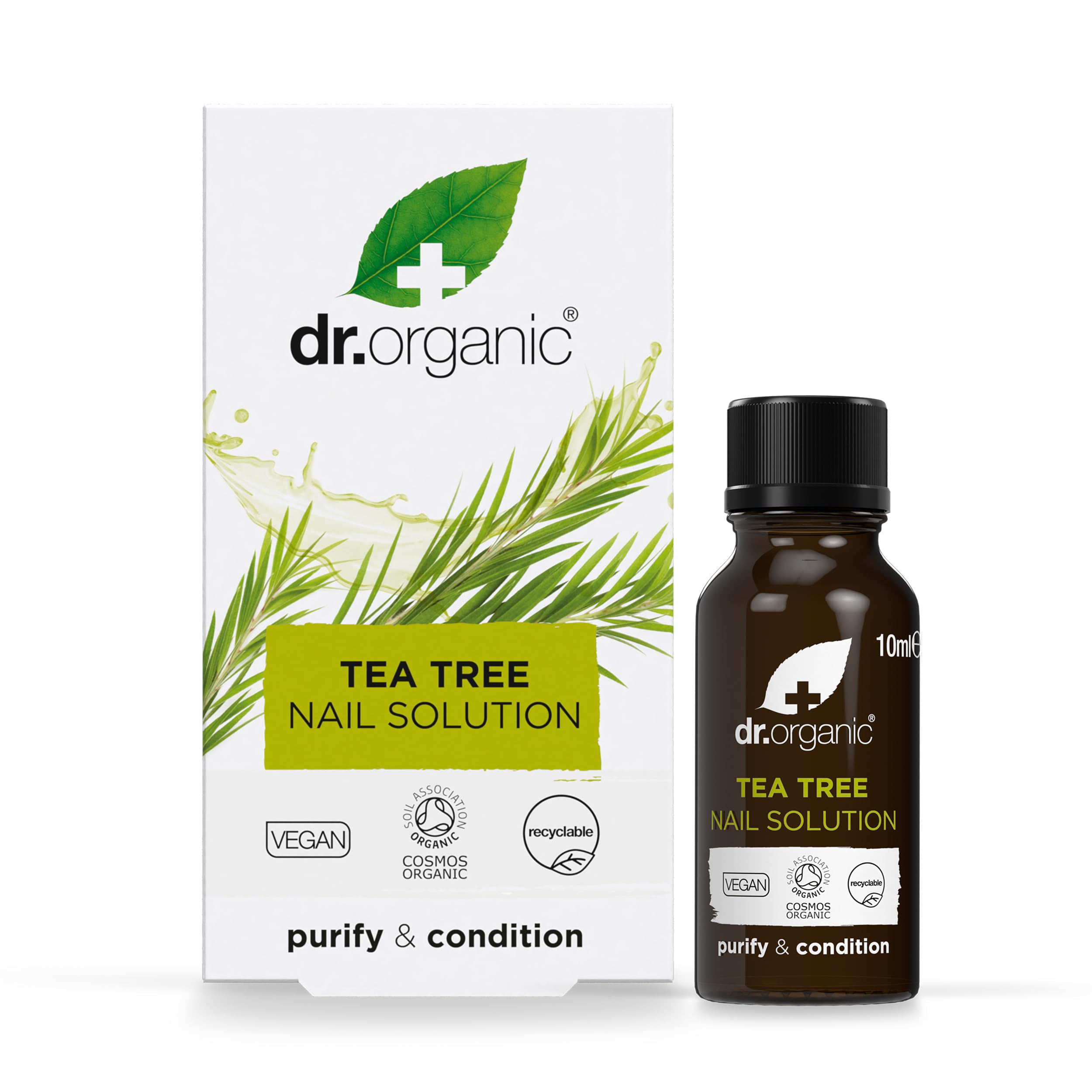 Dr. Organic Tea Tree Nail Solution bottle ready for nail conditioning and restoration.