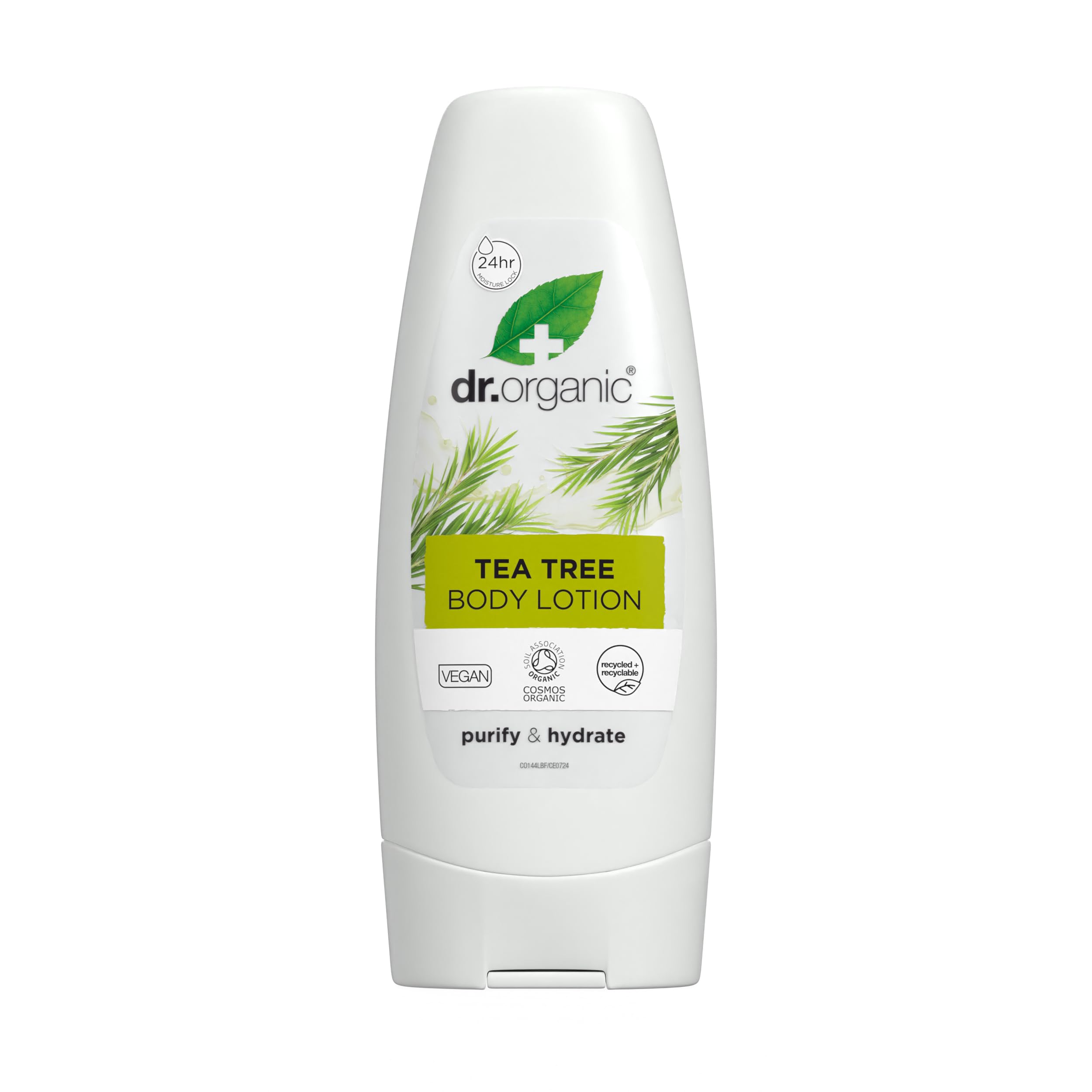 Dr. Organic Tea Tree Skin Lotion bottle pour for fast absorption on dry skin.
