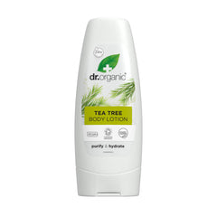Dr. Organic Tea Tree Skin Lotion bottle pour for fast absorption on dry skin.