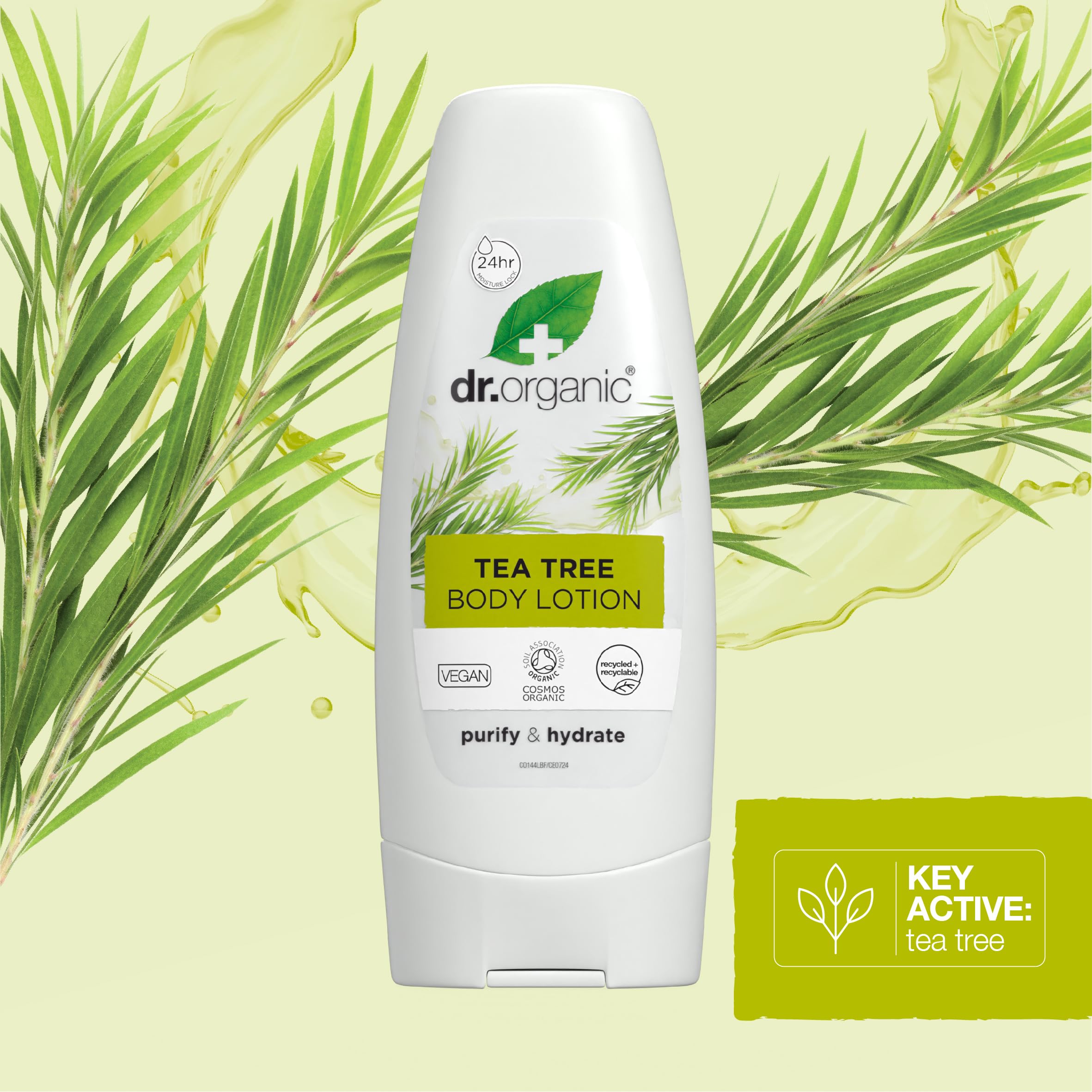 Ingredient panel highlights tea tree benefits in Dr. Organic lotion.