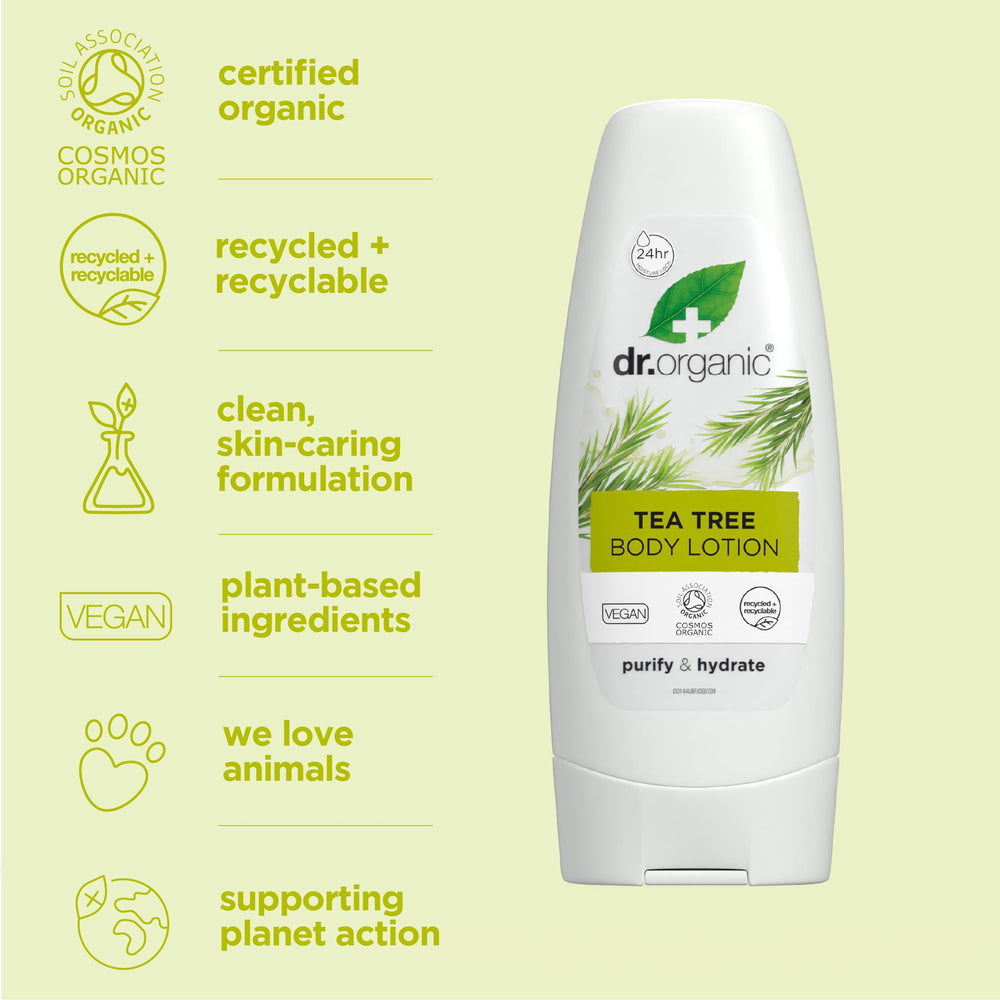 Close-up texture of Dr. Organic Tea Tree Skin Lotion showing non-greasy finish.