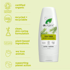 Close-up texture of Dr. Organic Tea Tree Skin Lotion showing non-greasy finish.