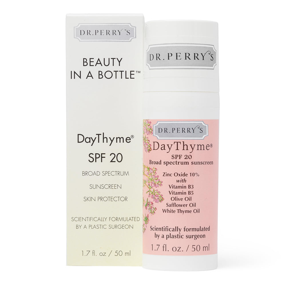 Dr. Perry's DayThyme SPF 20 bottle provides quick-drying, unscented protection for sensitive skin.